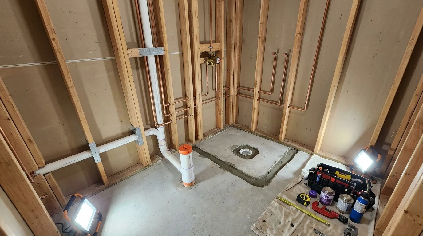 Bathroom rough-in plumbing during remodel by Johns Plumbing LLC in Spotswood
