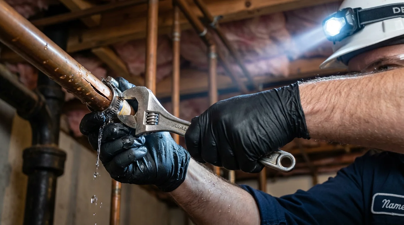 Emergency pipe clamp repair being performed by a Johns Plumbing LLC plumber in Spotswood