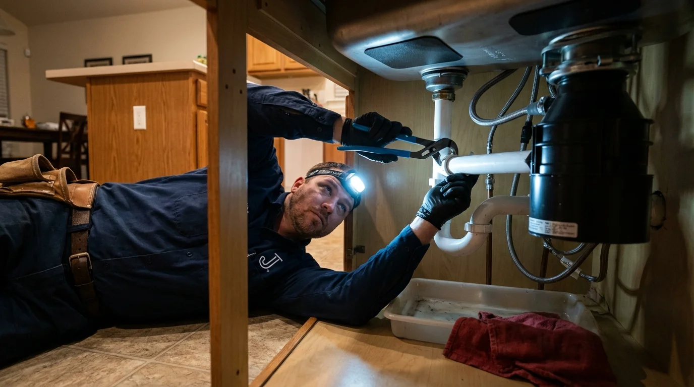P-trap and supply line connections under a kitchen sink showing a common leak point in Spotswood, NJ